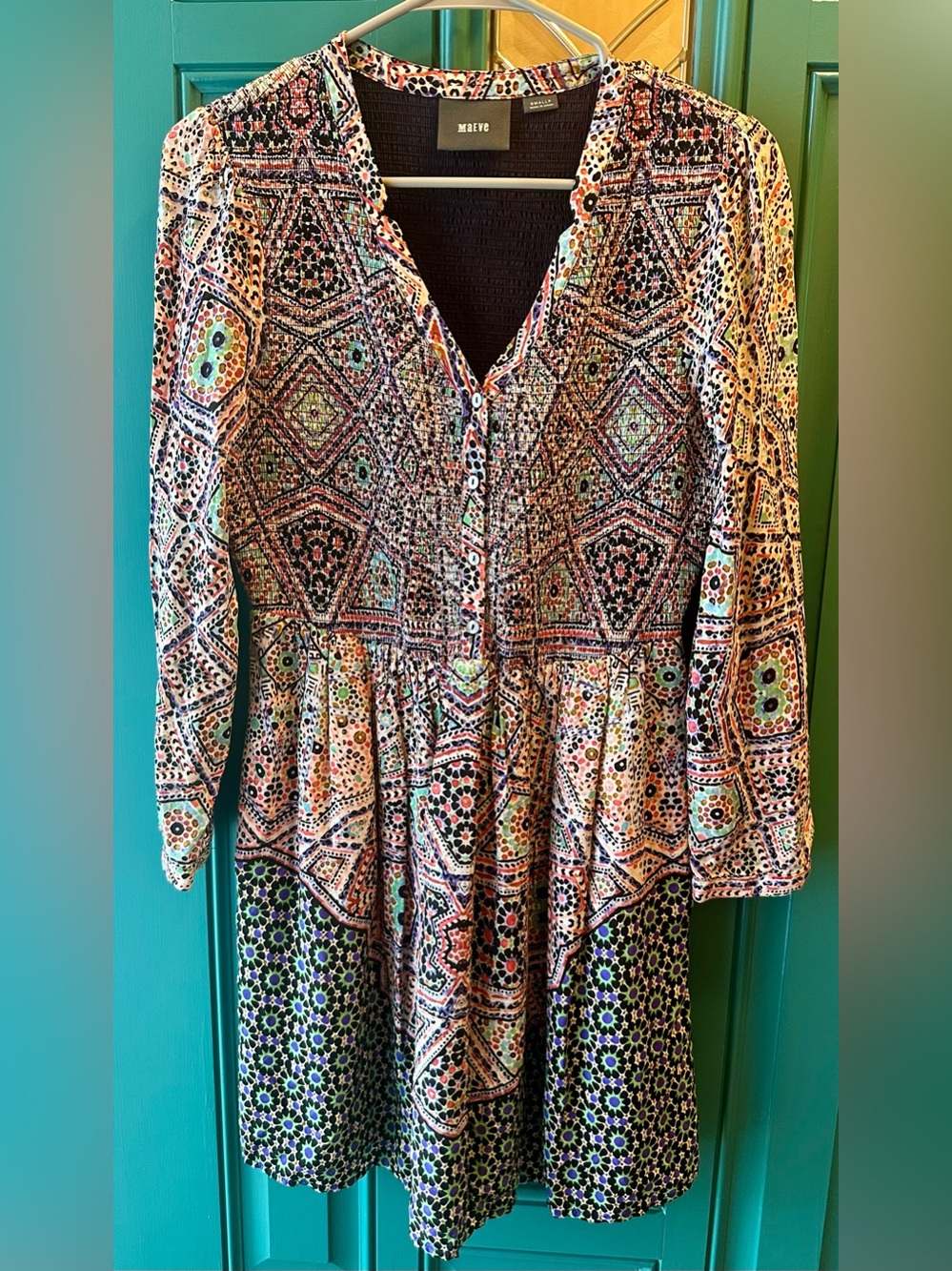 Maeve Anthropologie Tiled Amethyst Smocked Mini Dress Sz Small P Petite Boho
